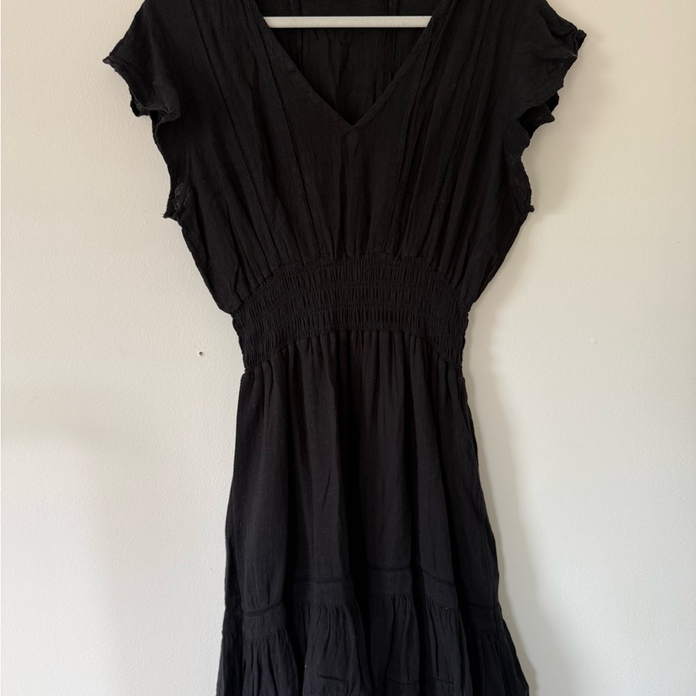 Rails LA Black Smocked Waist Mini Dress Flutter Sleeve Tiered Boho Dress Sz L